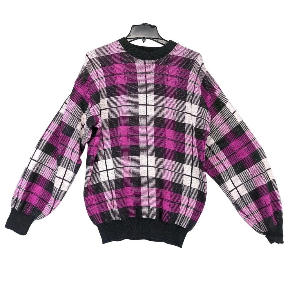 Vintage 90s Eddie Bauer Purple Plaid Oversized Knit Sweater Mens L Retro Casual